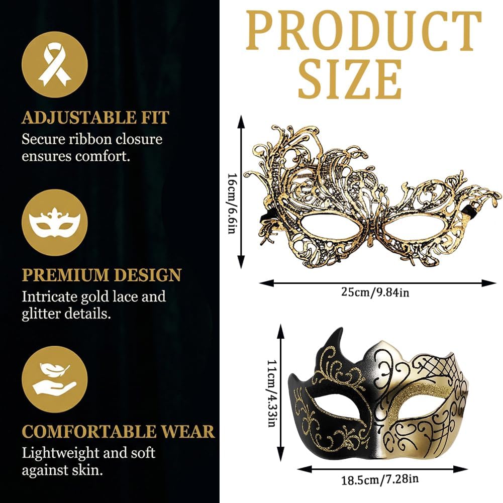 Spiritzohic Masquerade Mask for Couple 2PCS Venetian Mask for Men Women Party Half Face Carnival Masks Lace Masque Cosplay Costume Masks for Carnival Party,Fancy Dress Ball,Masked Ball(Gold) - Image 2