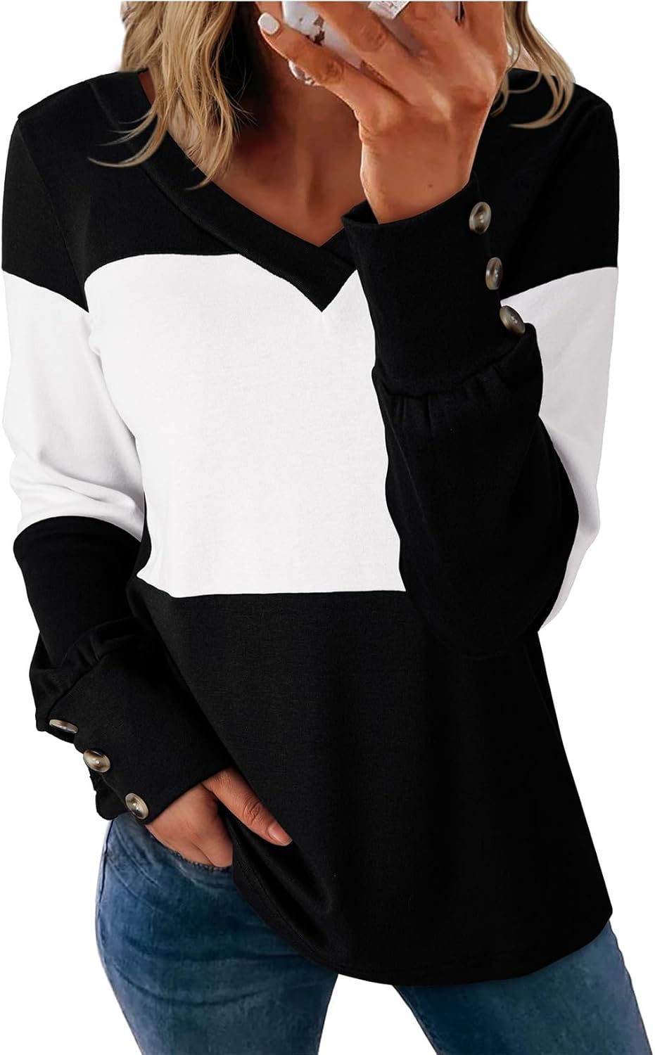 Dokotoo Women Blouses Dressy Casual Color Block Long Sleeve Shirts V Neck Tops Fall Outfits 2025