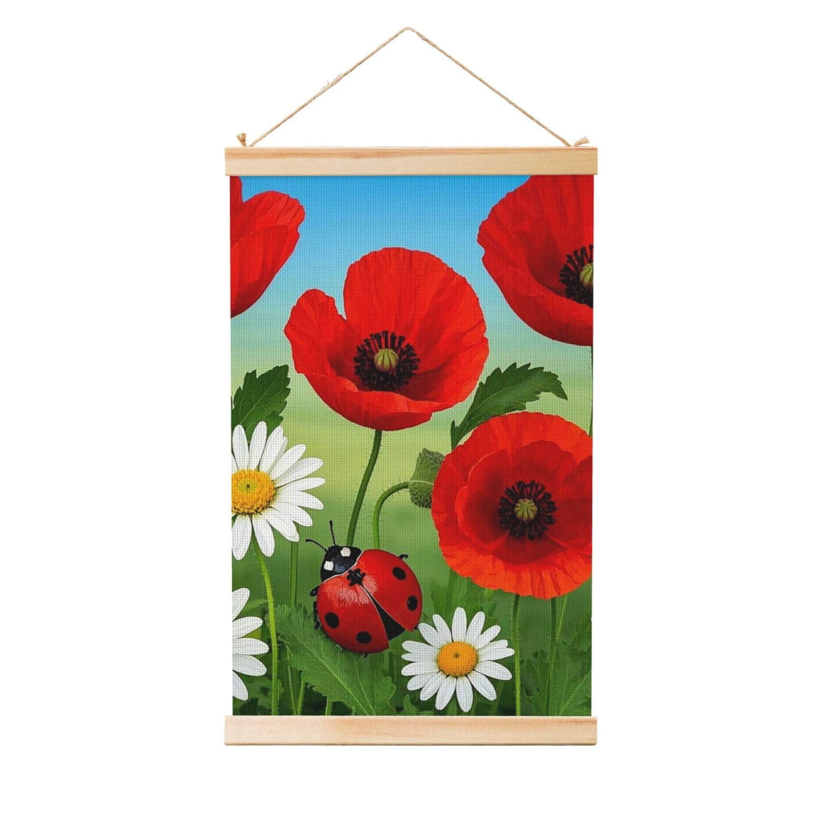Chamomile Ladybug and Daisy Poster Wooden Shaft Hanging Poster Wall Hanging Banner Canvas Artwork with Wood Frames 20"x30" Modern Artwork Decor Ready to Hang Wall Art for Home Decor Scroll Painting