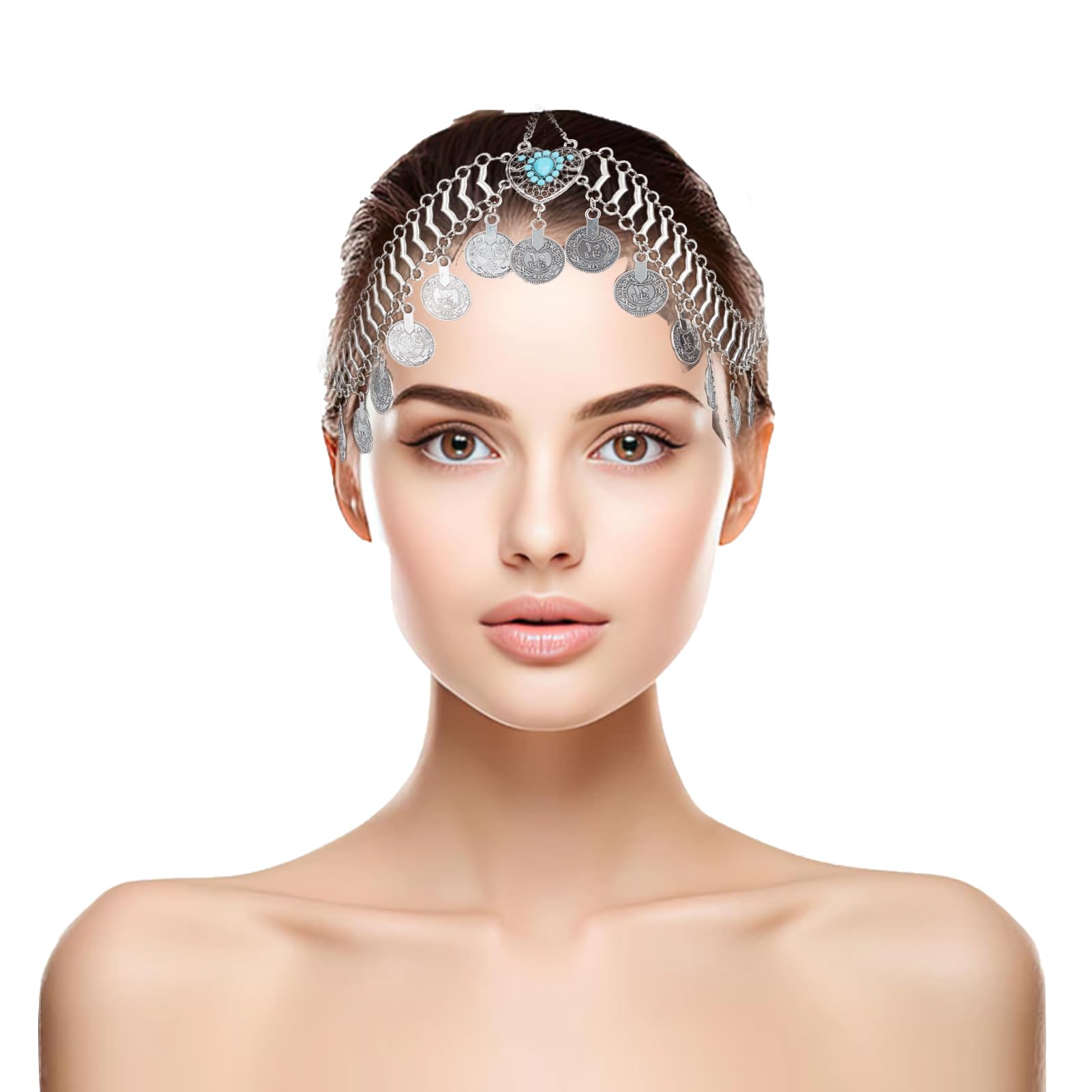 NICENEEDED Vintage Silver Coin Tassel Head Chain Blue Gemstone Hair Chain with Coin Pendant, Festival Prom Costume Front Jewelry Chains