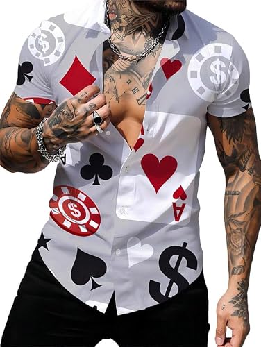 famesale Poker Hawaiian Shirts for Men Casual Short Sleeve Button Down Bowling Summer Regular Fit Beach Shirts