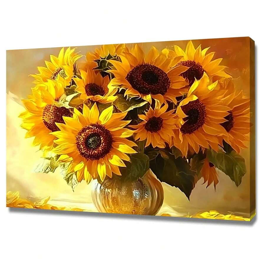 Peinture à l'huile sur toile abstraite motif tournesol avec châssis