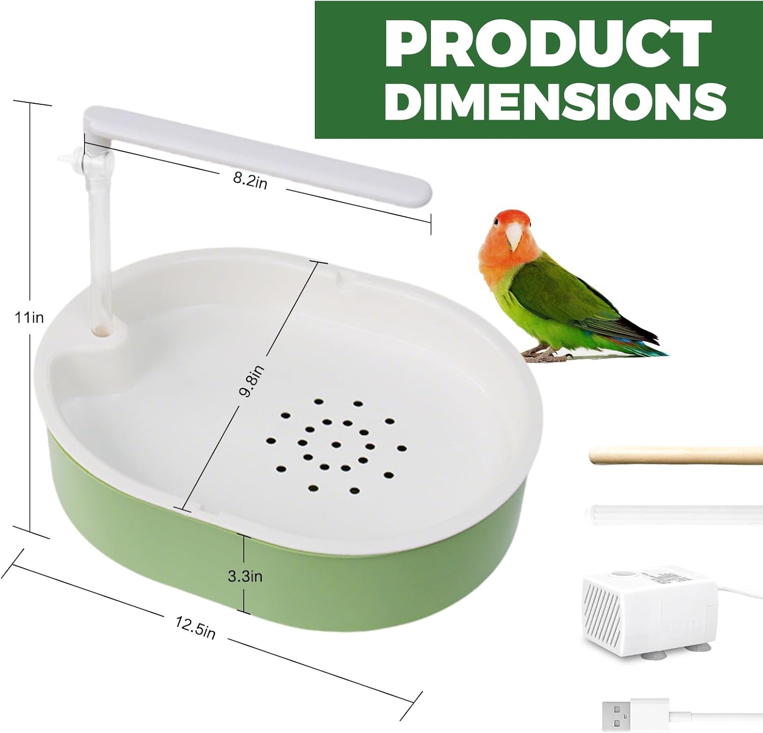 Parrot Bathtub,Bird Shower Parakeet Bath for Cage with Adjustable Water Flow Control Valve, Contains USB and Pump,tarpaulin,for Pet Birds,Cockatiel,Budgie,Suitable for Many Kinds of Birds(Green)