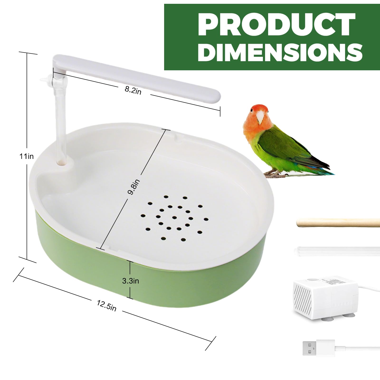 Baignoire automatique pour oiseaux pour cage - Avec pompe, filtre, douche d'intérieur avec eau courante - Pour oiseaux, conures, perruches, calopsittes et inséparables (vert)