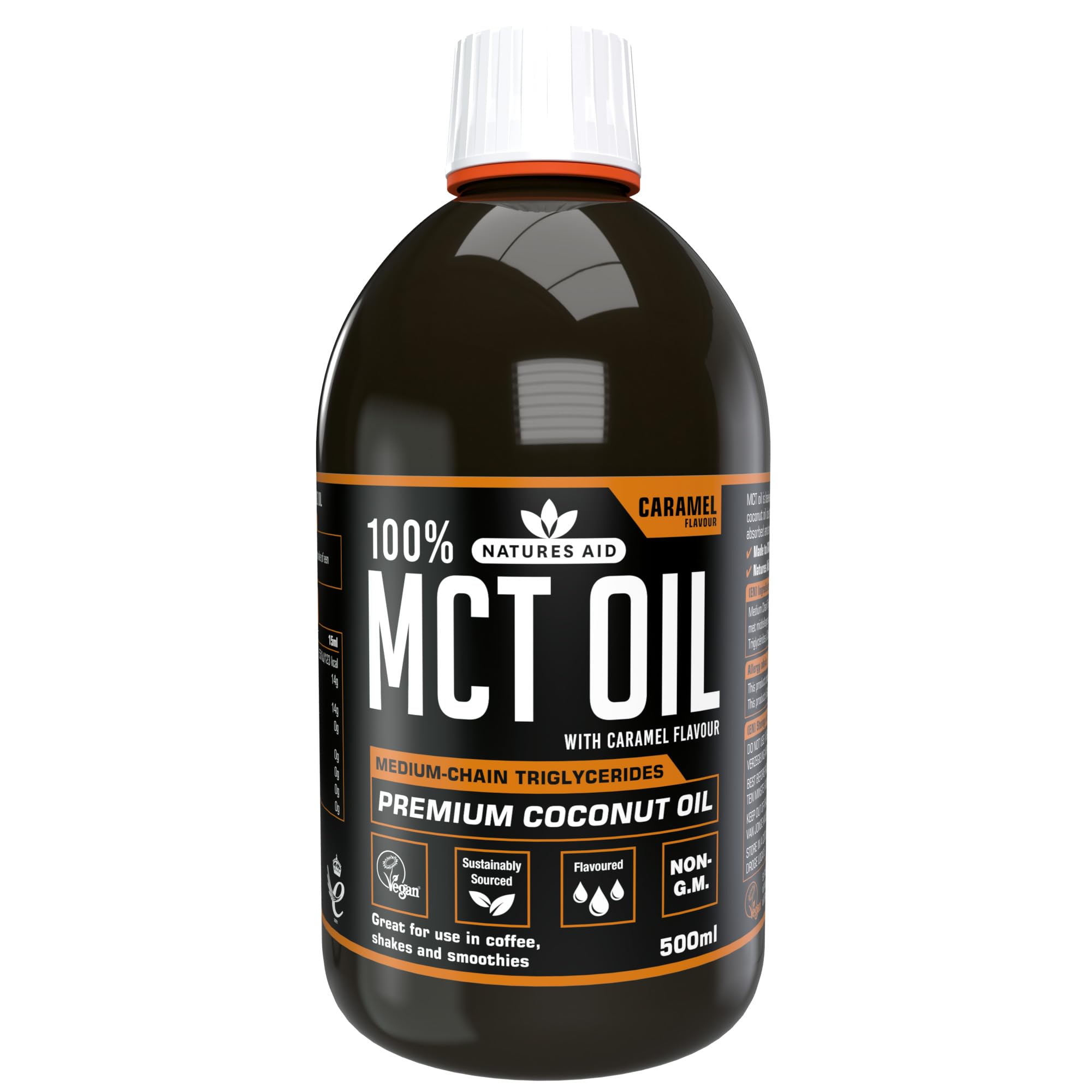 Natures Aid MCT Oil 500ml Caramel - Add to Coffee Shakes Smoothies or Dressings - 100 Percent Premium Coconut Oil Pure Sustainably Sourced Vegan Vegetarian GMP Standards Rapid Absorbed for Energy