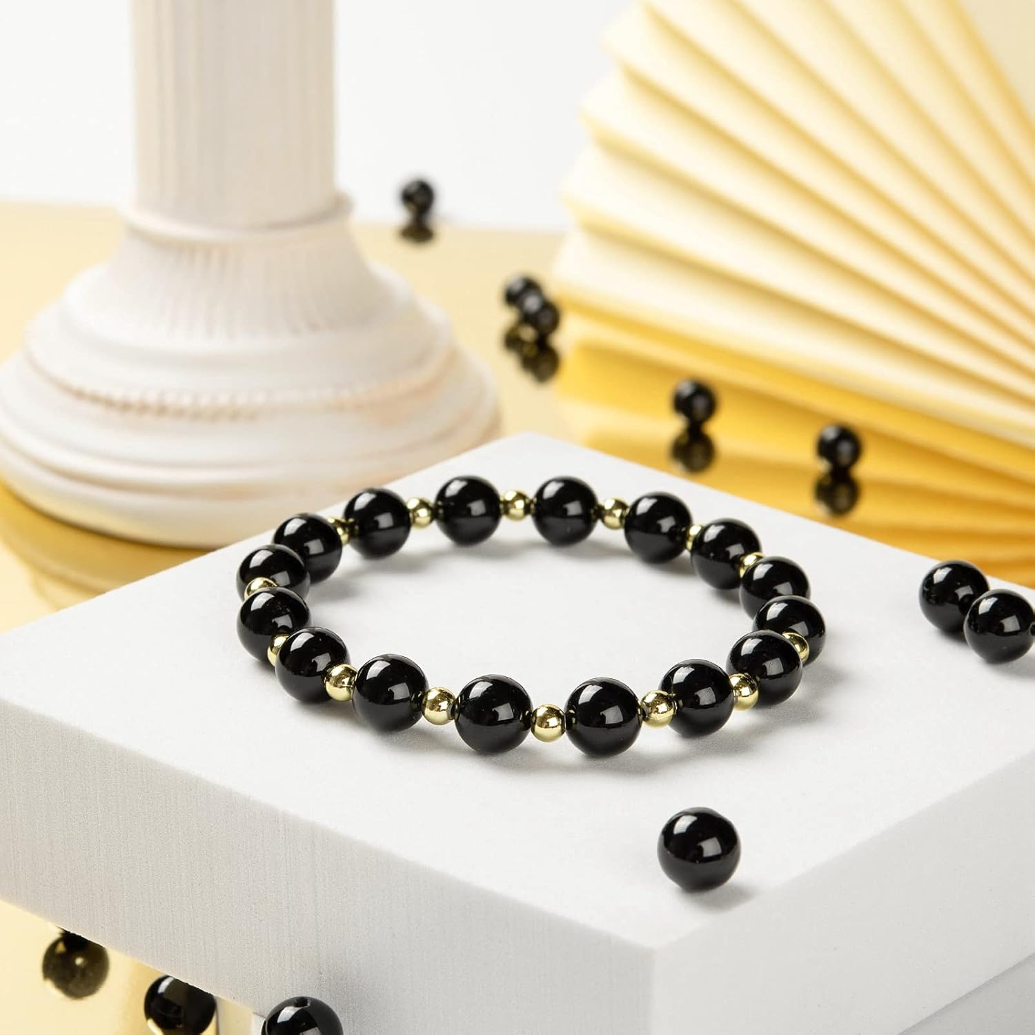 BEEFLYING 100 Pcs 8mm Natural Black Tourmaline Stone Beads Loose Round Gemstone with Elastic Crystal Thread for Jewelry Stretch Necklace Bracelet Making