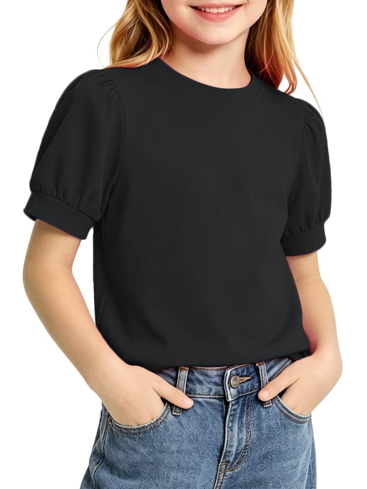 Girls' Puff Sleeve Cotton T-Shirt Cute Summer Tops for Girls