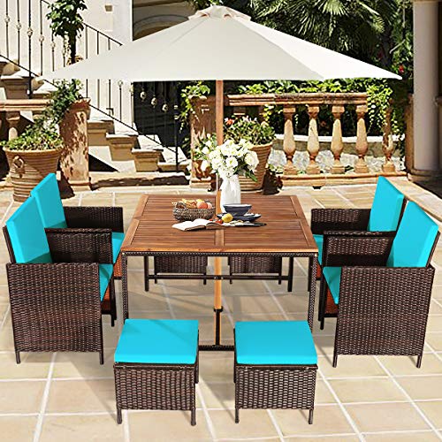 Relax4Life 9-Piece Outdoor Dining Set - Patio Wicker Furniture Set W/Acacia Wood Tabletop, Soft Seat & Back Cushions, Dining Table & Chair Set For Backyard, Poolside (Turquoise) #TOP6