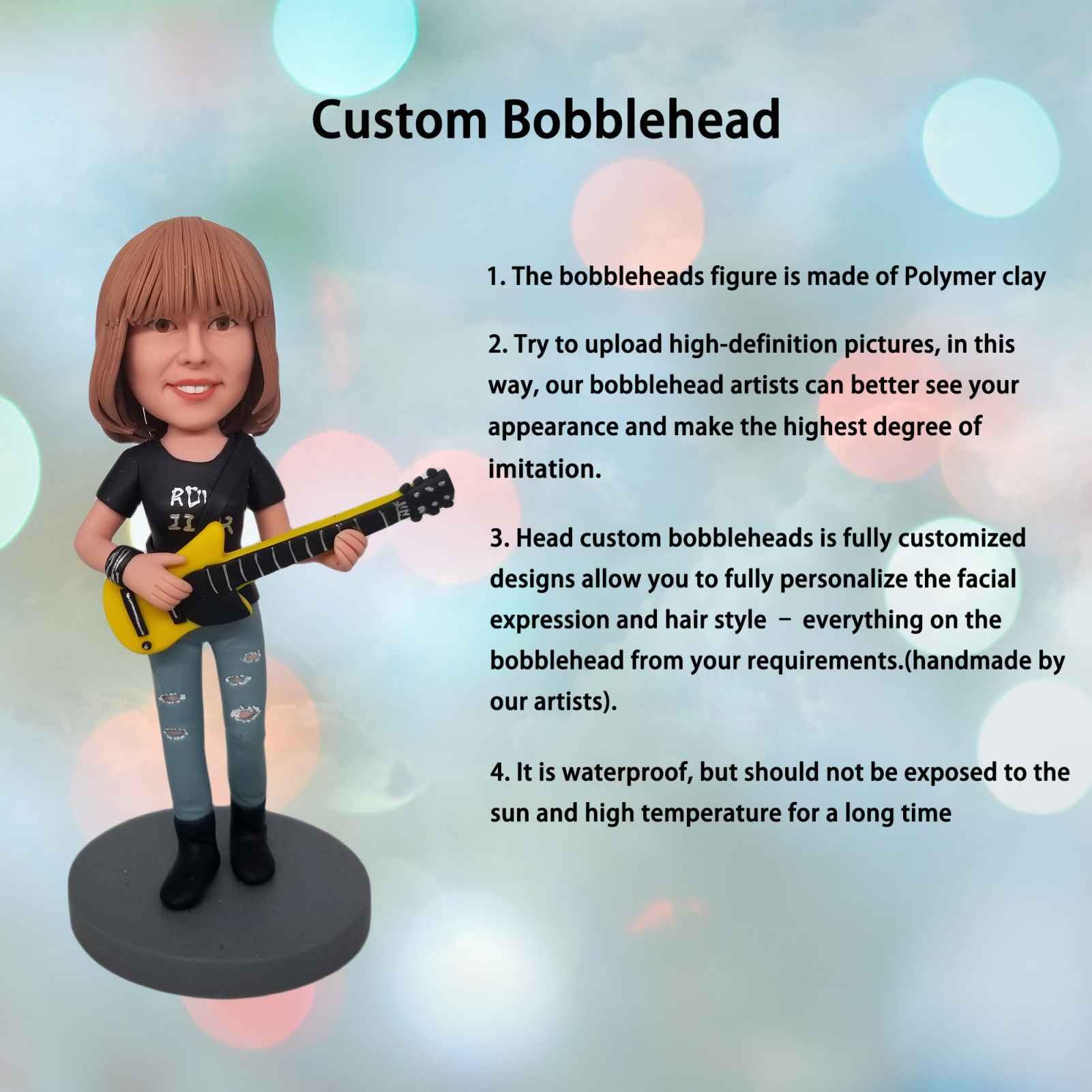 Niestandardowe figurki Bobbleheads spersonalizowana lalka, gitarzystka ręcznie robiona spersonalizowana rzeźba prezent dla dziewczyny żony biura współpracownika córki