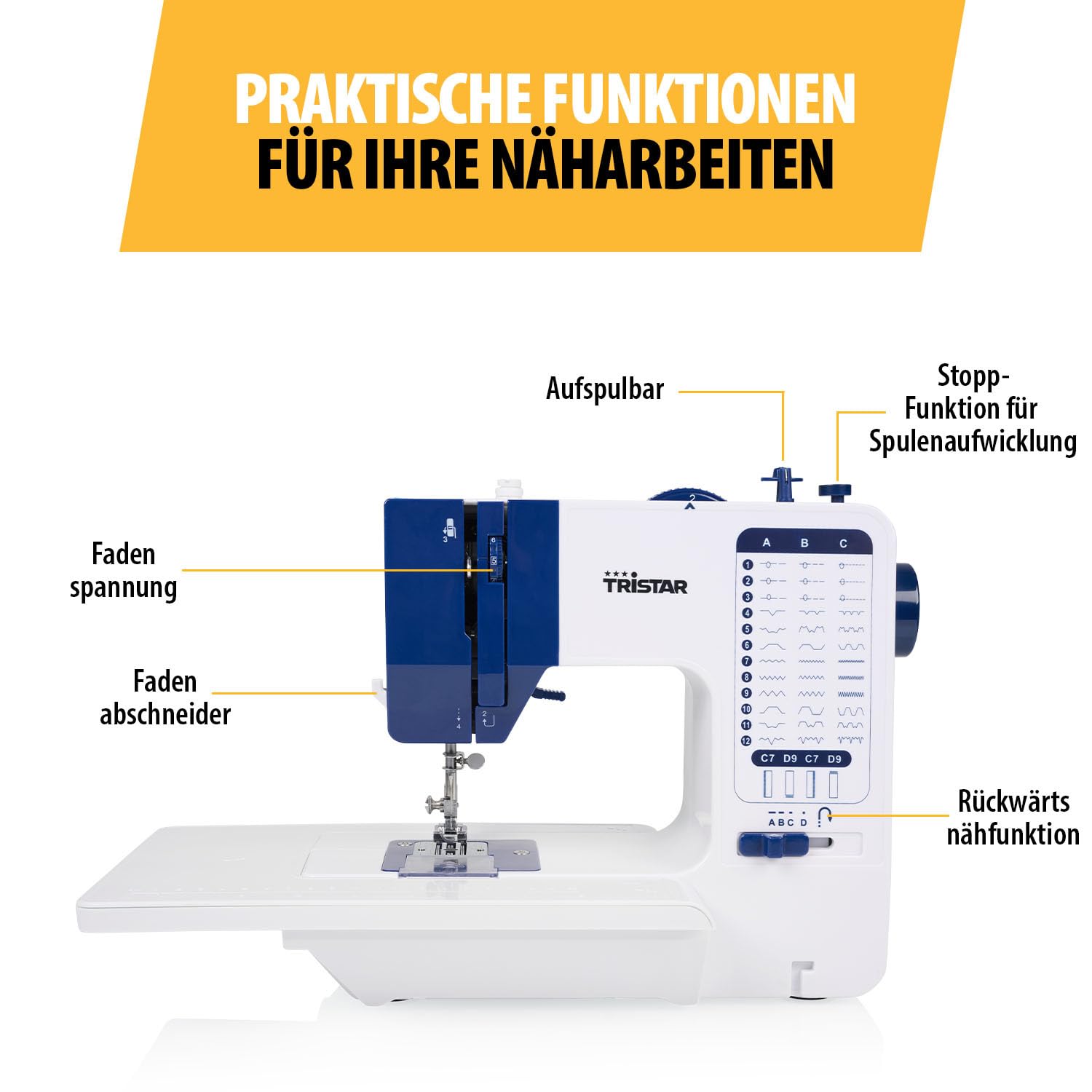 Tristar Nähmaschine mit 38 Stichprogrammen, Abnehmbarem Anschiebetisch, Freiarm, LED-Licht, Automatischem Nadeleinfädler, Fadenschneider, Geschwindigkeitsregelung, SM-6005
