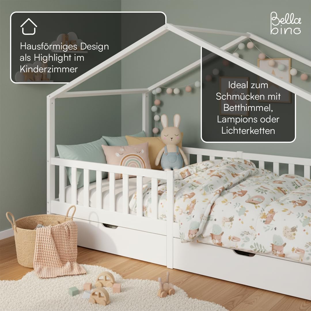 Bellabino Bia Kinderbett 90x200 cm Hausbett mit Rausfallschutz Lattenrost 2 Schubladen Montessori Bett Massivholz Kiefer Weiß