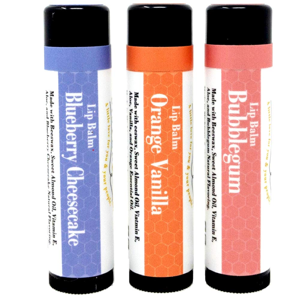 Sister Bees 100% Natural Beeswax Lip Balm - Fun Lip Balm Set, 3 Pack - Bubblegum, Blueberry Cheesecake, and Orange Vanilla - Moisturizes and Repairs -