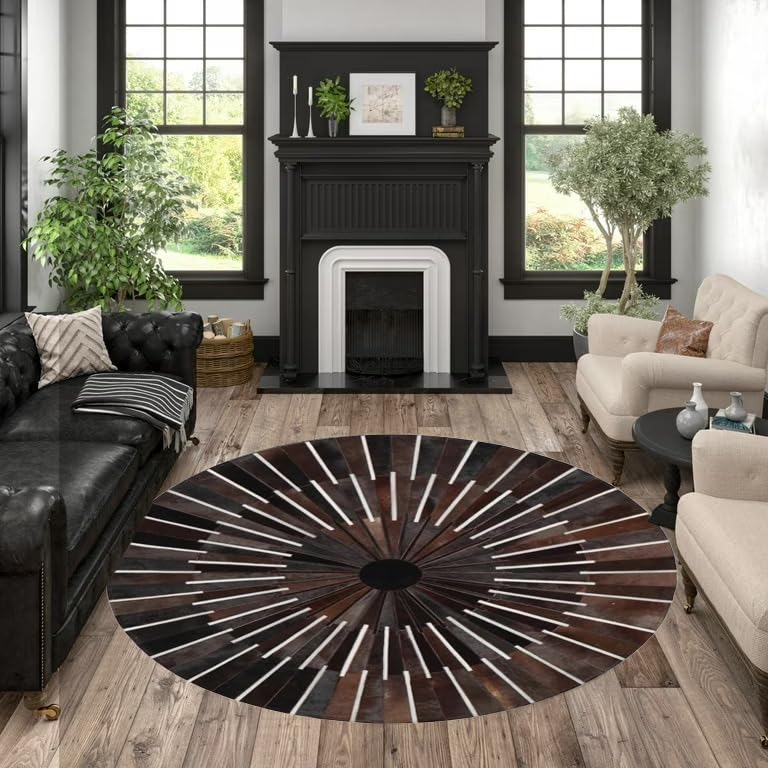 ZANKO RUGS Cowhide Leather Round Area Rug | Stripe Patchwork Round Area Carpet for Bedroom, Dining Room, and Living Room Decor, Color: Cola Red (4X4