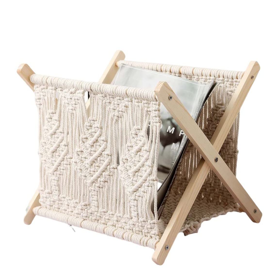 KUYYFDS Macrame Magazine Rack Rustic Style Magazine Holder Standing Storage Basket for Book Newspaper for Home Decor White 32*27*20cm Home Decor Accessory
