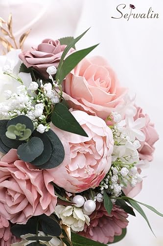 Miniatura 5 de Serwalin Ramos de boda de 9.8 pulgadas para novia y dama de honor, peonías rosa empolvado, ramos de flores de novia para boda, ramo de lanzamiento,