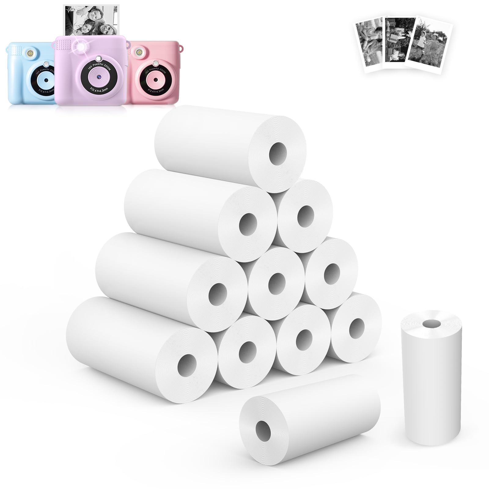 Riosin 12 Rolls Instant Camera Refill Print Paper for Kids Photo Printer HD Printing Thermal Print Paper Rolls Fit for Most Kids Instant Camera (White-12)