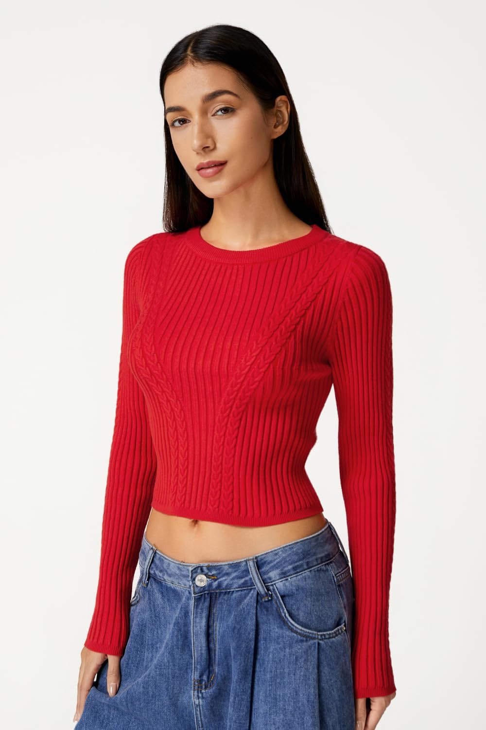 QINSEN Womens Cable Knit Crewneck Sweaters Ribbed Hem Slim Fit Long Sleeve Pullover Crop Tops - Image 2