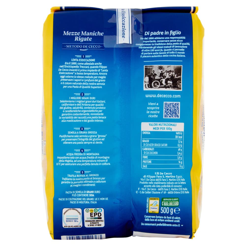 De Cecco Mezze Maniche Rigate n°136 - Pasta de trigo duro (500 g, 24 unidades)