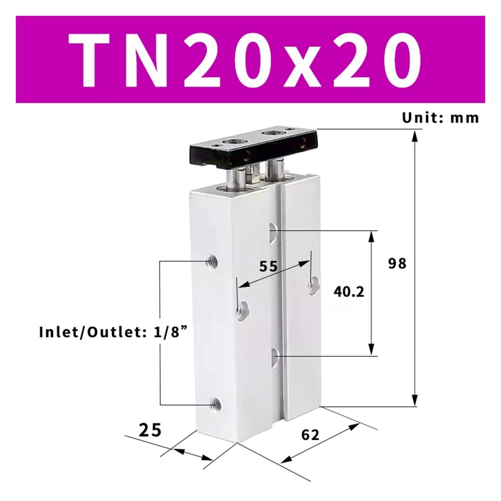 Kompaktowy cylinder serii TN20 z otworem 20 mm Podwójny siłownik pneumatyczny TN20(TN20x20-S)