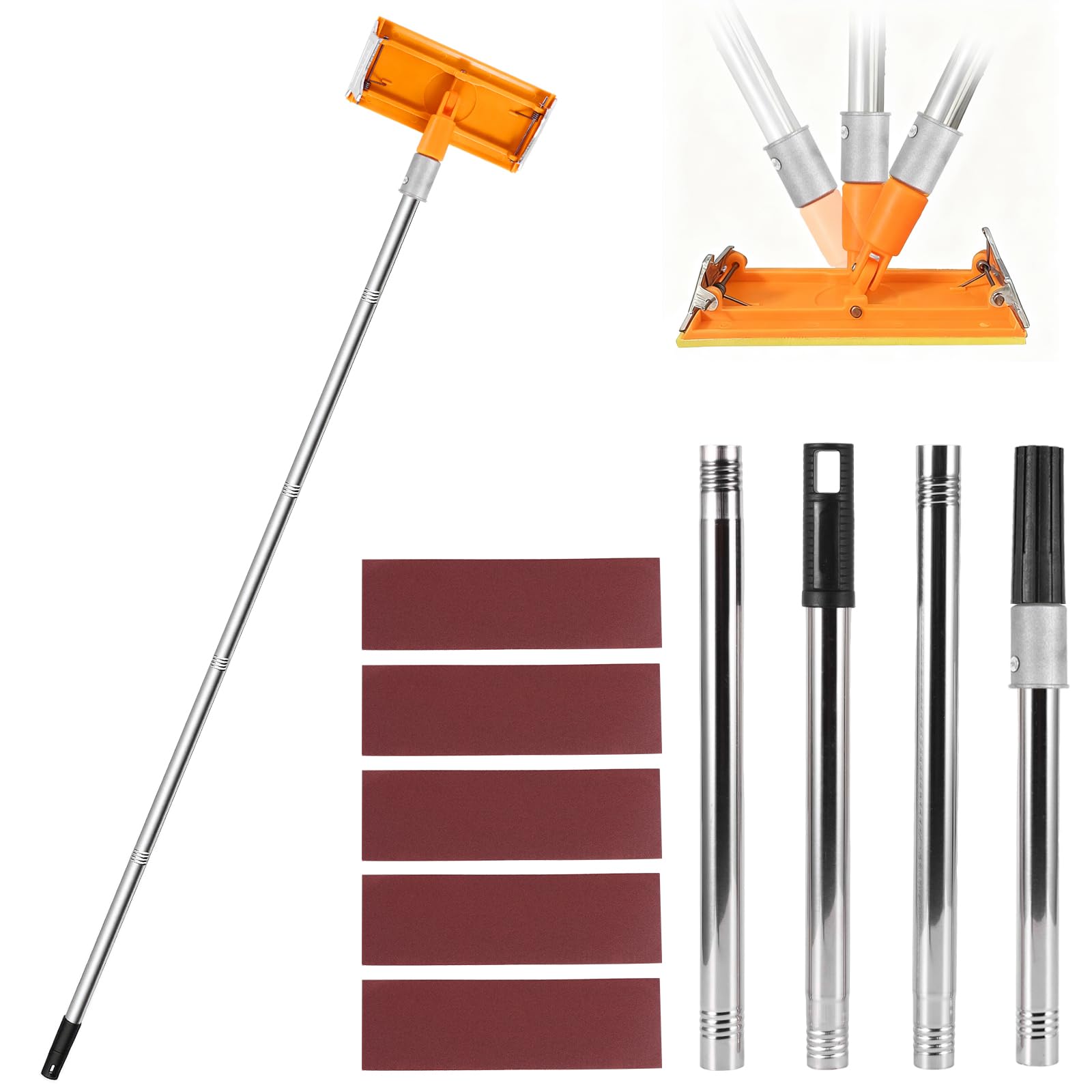 47.2 inch Pole Drywall Sander, Pole Sander with Extension Pole & 5PCS Sandpaper, 360 Degree Rotation Drywall Sanders, Polishing Sanding Tool for Walls and Ceilings(Orange)