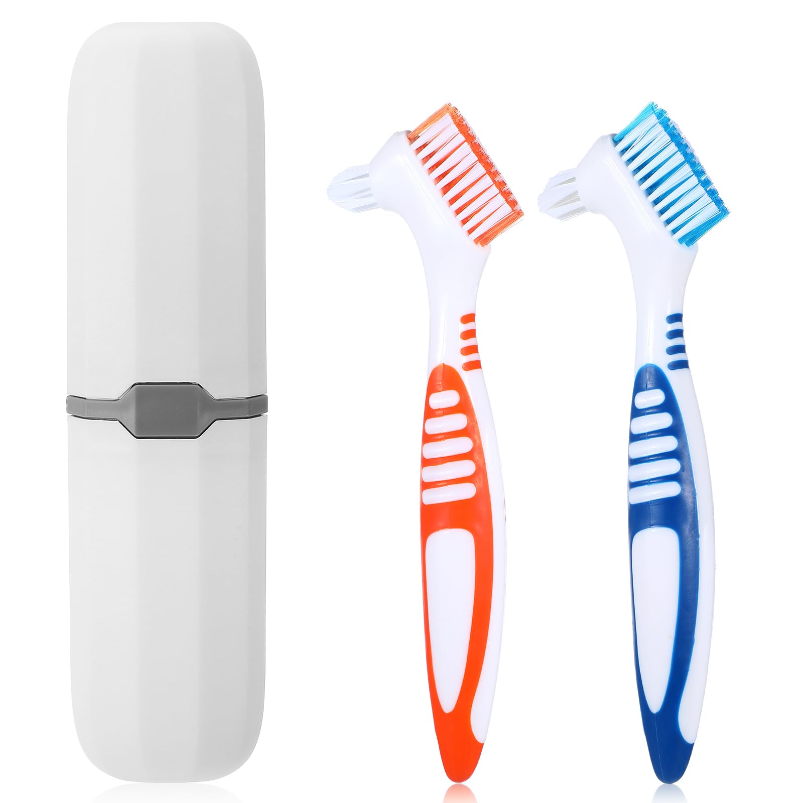 2Pcs Denture Brush, Denture Cleaning Brush Set with White Carrying Case Denture Toothbrushes with Multi-Layered Soft Bristles and Rubber Anti-Slip Handle (Blue + Orange)-picture-30