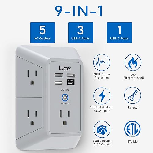 Miniatura 2 de Extensor de tomacorriente, protector de sobretensiones con 5 enchufes múltiples y 4 puertos USB (1 USB C), cargador de pared de regleta de