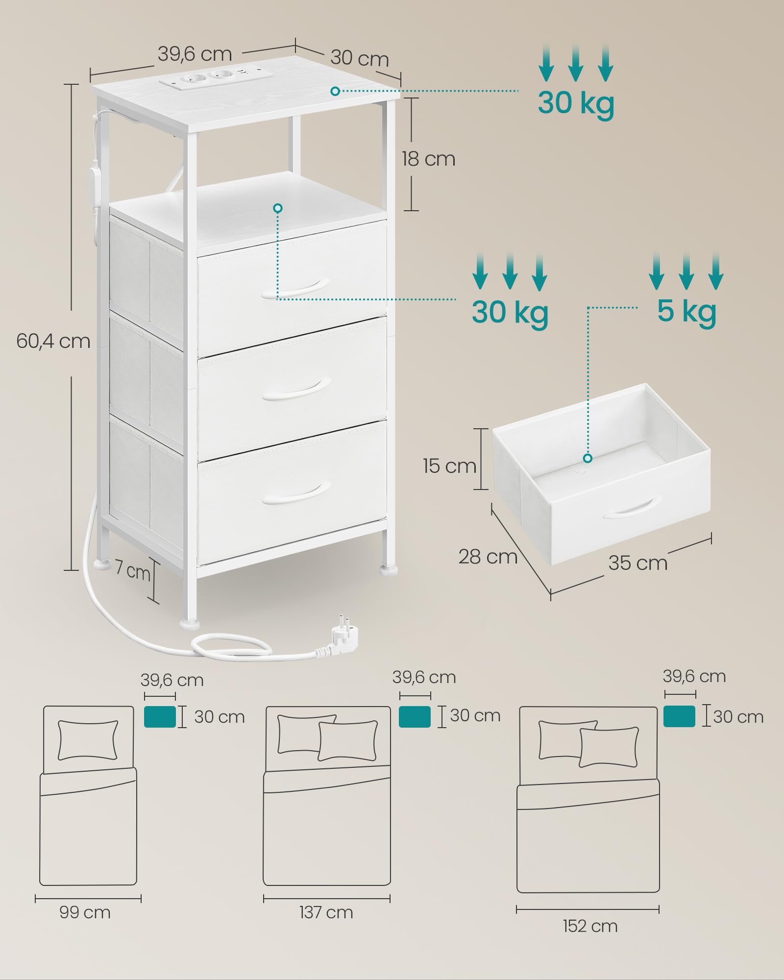 SONGMICS BELLAH Colección - Mesita de Noche con Estación de Carga, Mesa Auxiliar con Luz LED Ajustable Controlada por App, 1 Estante y 3 Cajones, Juego de 2, Blanco Nube LGS203W102