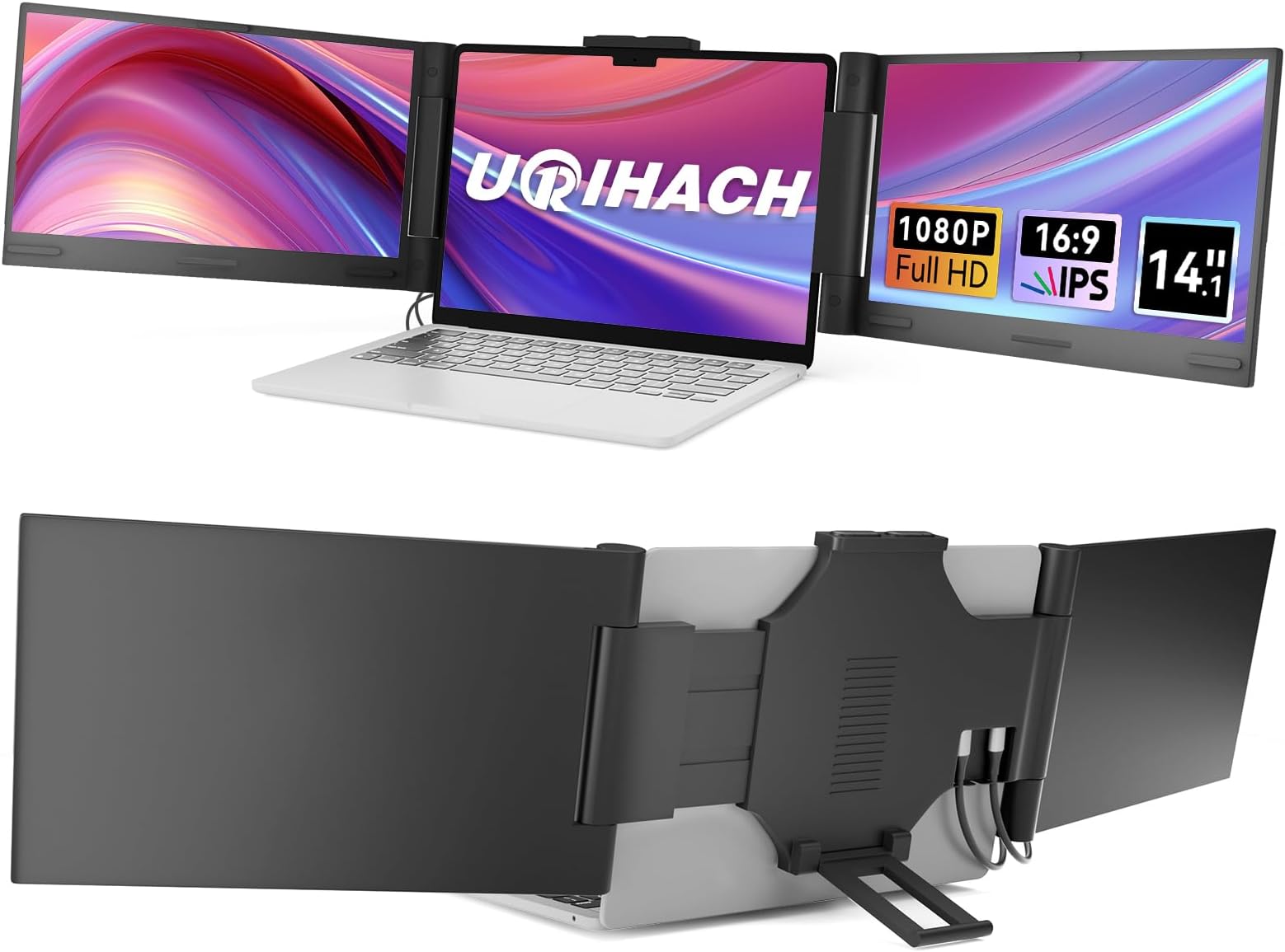 Laptop Screen Extender, 14" FHD 1080P Portable Monitor for Laptop-13-17.3", Triple Laptop Monitor Extender with HDMI/Type-C, Plug-Play Portable Screen for Mac/Windows/Linux/Android/Chrome