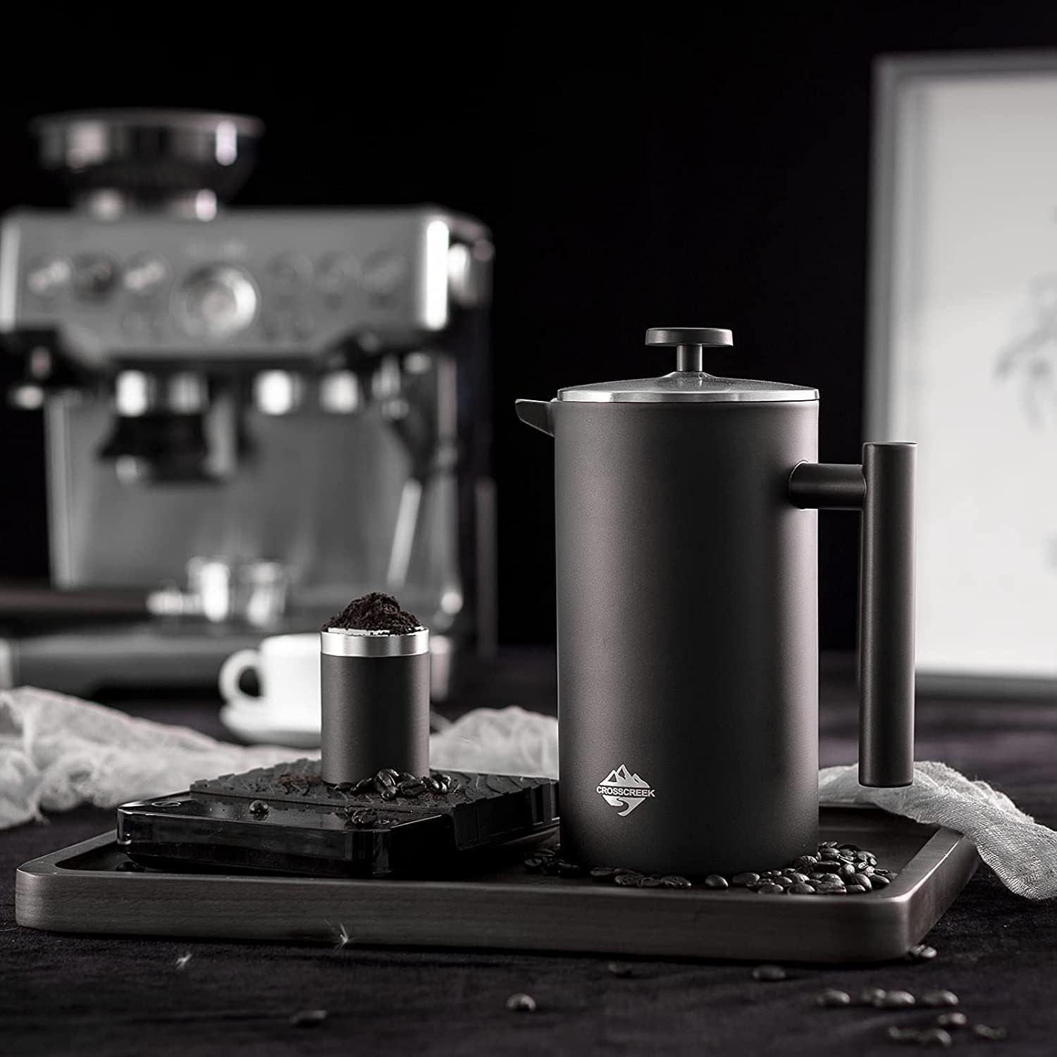 French Press Coffee Maker Double Wall 304 Stainless Steel Coffee Press with 60g Coffee Canister Black Dishwasher Safe 34oz (1L) (Black)