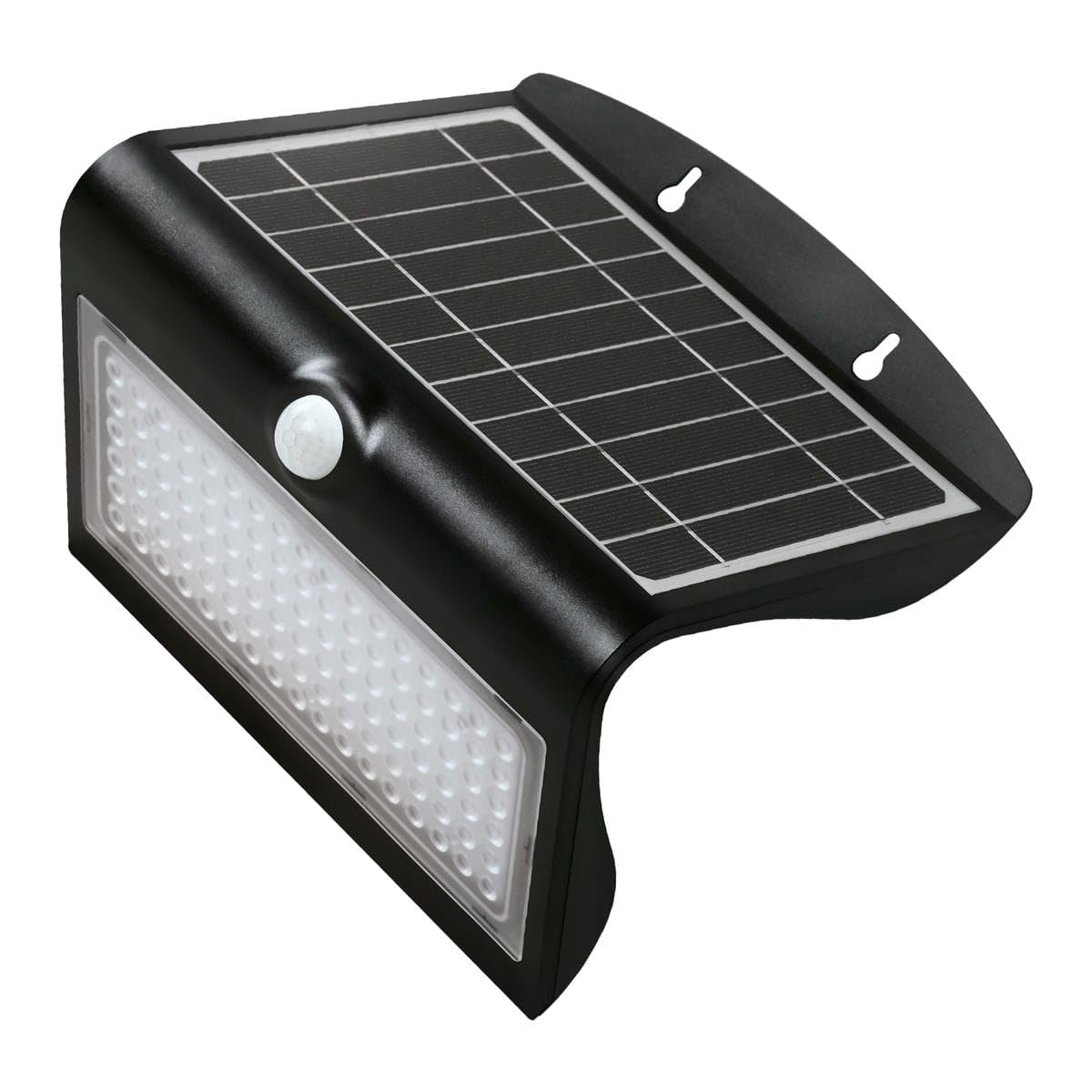 Faretto LED solare nero con sensore di movimento, 8 W, ideale per illuminazione esterna e sicurezza in giardini e ingressi.
