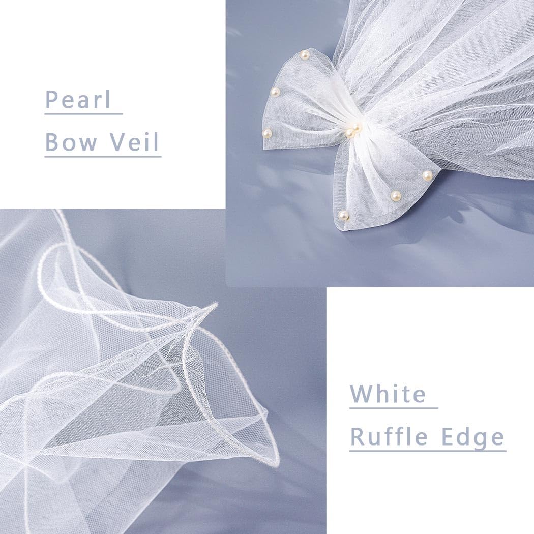 Foyte Velo corto con fiocco bianco da sposa velo in tulle con bordo increspato velo corto velo per addio al nubilato decorazioni per donne e spose
