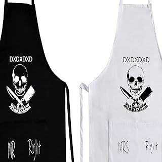 Tablier de Cuisine Barbecue Homme Femme, Tablier Noir Réglable avec 2 Poches, adapté Familial Restaurant Barbecue Cuisine Couple Drole Rigolo Patissier Humour Tabliers Cuisine tete de Mort (2 Pack)