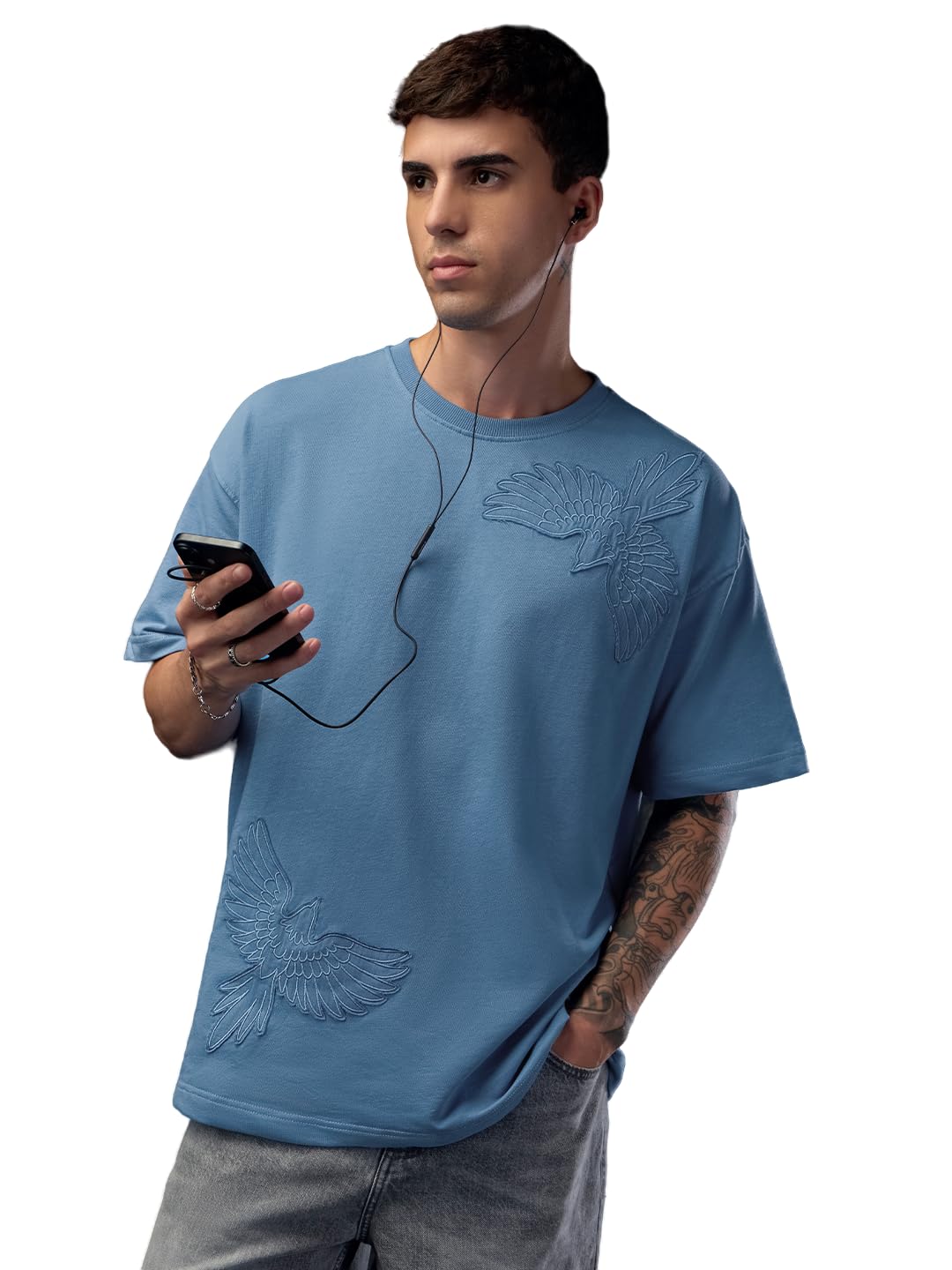the souled store Oversized T-Shirt: Birds Men and Boys Short Sleeves Round Neck Sky Blue Embellished Cotton Drop Shoulder Casual Summer Streetwear Oversized T-Shirts-picture-40