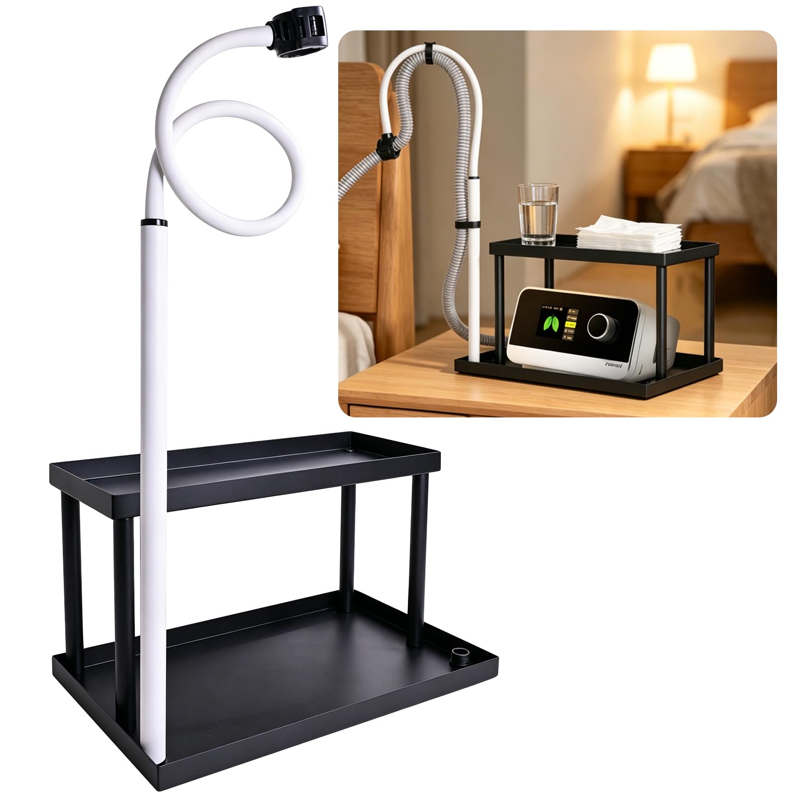 Photo 1 of CPAP Hose Holder for Bed, 2-Tier CPAP Machine Shelf with Adjustable Tubing Hook, Bedside Organizer Stand for Hose and Accessories