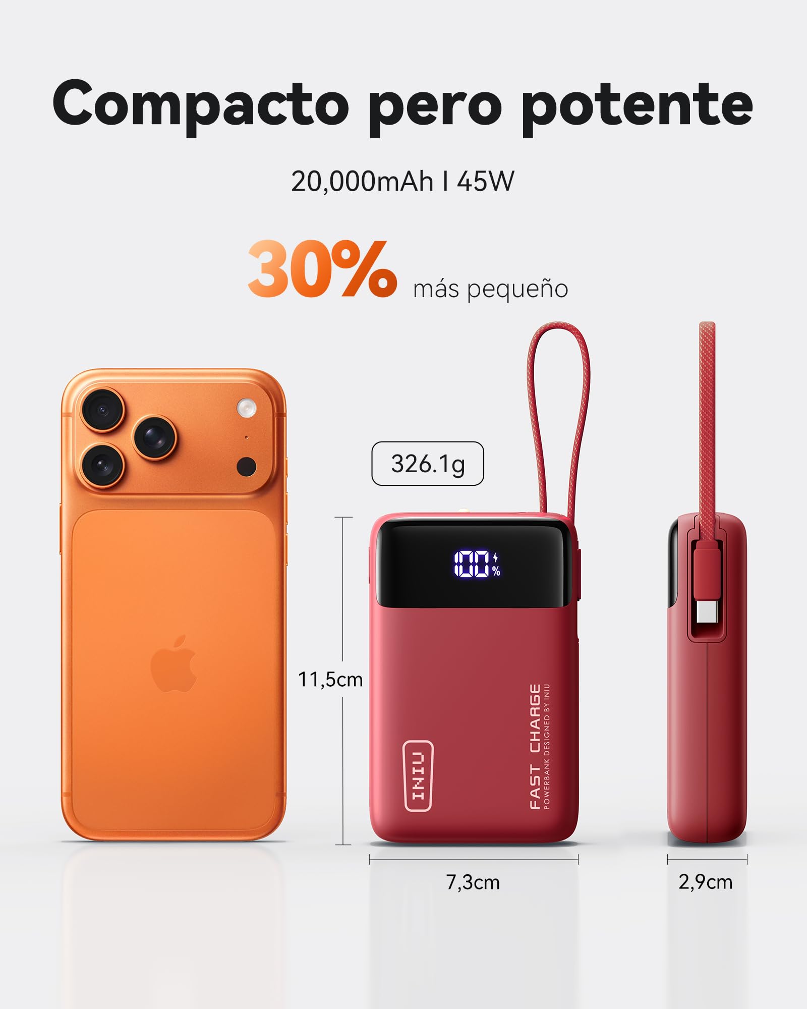 INIU Power Bank, Pequeño 20000mAh 45W Carga Rapida Travel Batería Externa | Cable USB-C Integrado, Apto para Avión, Esenciales de Viaje, Portatil Movil para iPhone 17 16, iPad, Samsung, Xiaomi etc