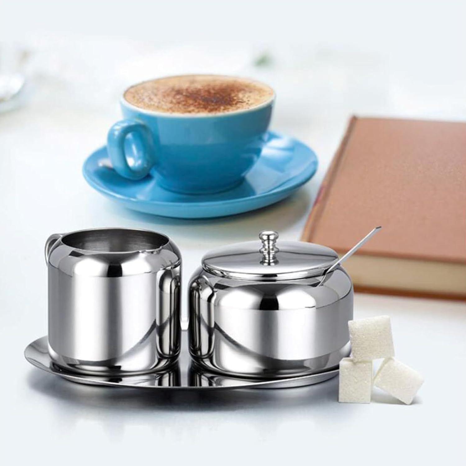Silver, Milk and Sugar Set, Stainless Steel Sugar Bowl, Milk jug Made of Stainless Steel, Small Sugar jar with Spoon for Home, Kitchen, Hotel and cafes