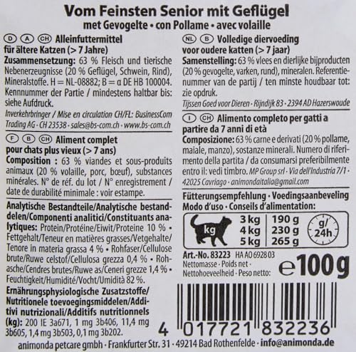 animonda Vom Feinsten Senior mit Geflügel (32 x 100 g), Senior Nassfutter für ältere Katzen ab 7 Jahren, Katzenfutter ohne Getreide und Zucker, mit 100 % frischen, fleischlichen Zutaten