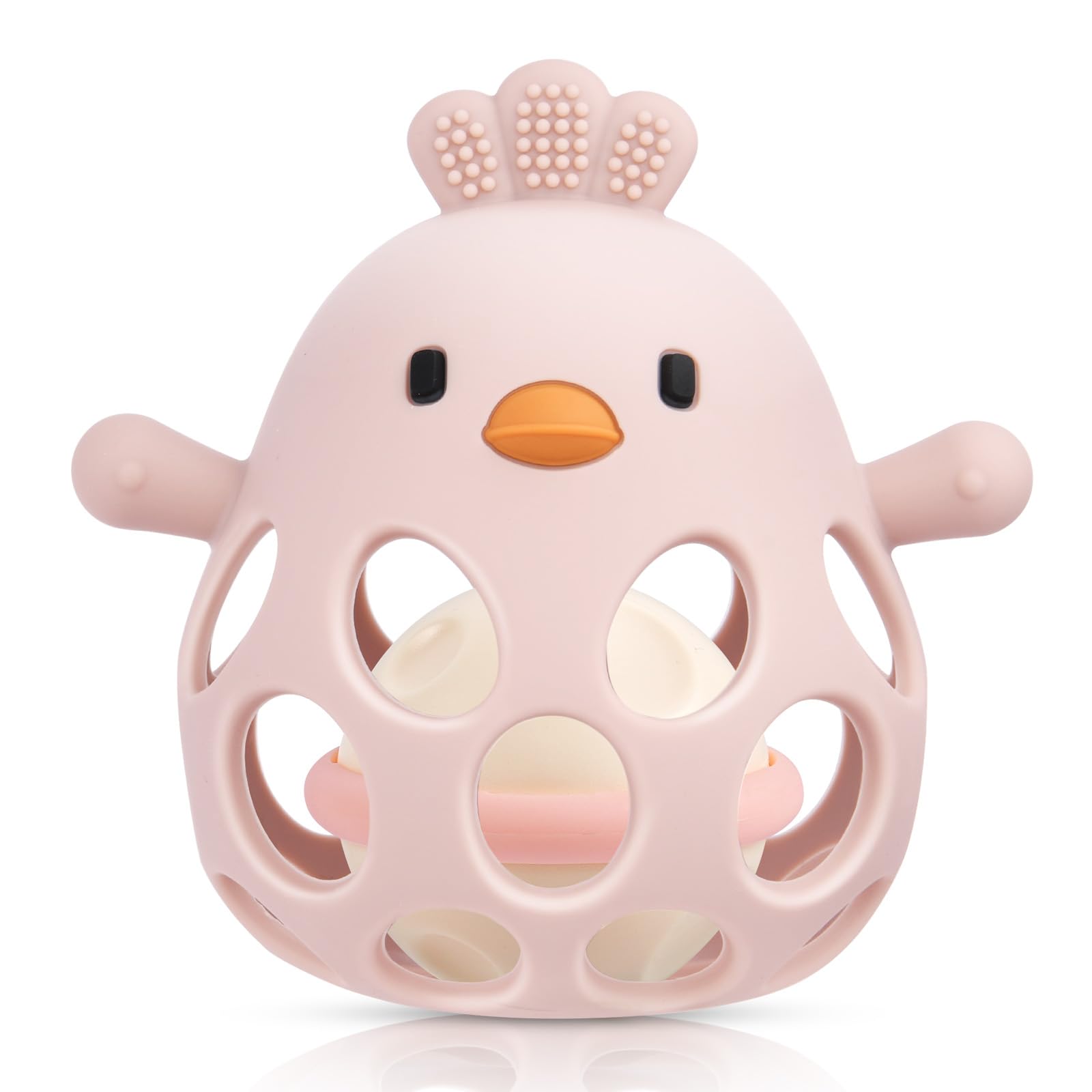 HOTUT Silikon Babyrassel Hühnchen, BPA-frei Spielzeug-Silikon Baby Ball Beißring, Weich Greifball für Babys, Baby Rassel Beißring Spielzeug für Neugeborene Kleinkinder (Hell-Pink)