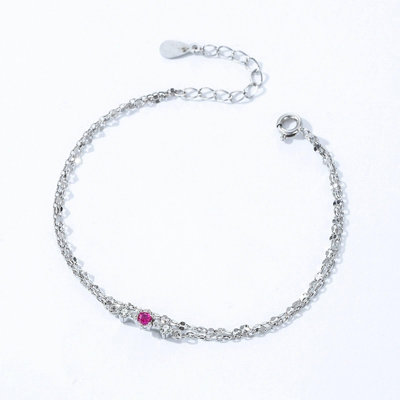 Bracelet Men Silver, Armband Freundschaft Doppellagige Kette mit Korund und Moissanit Silber 9K Weißgold 16+5cm