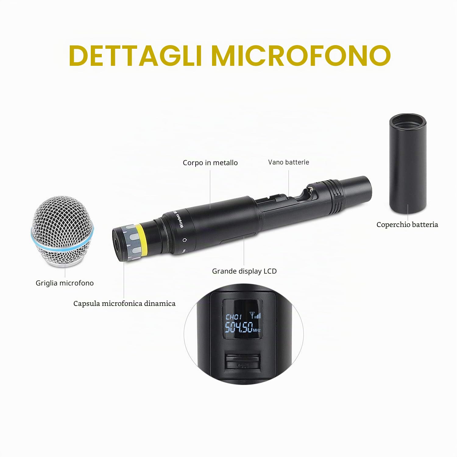 XTUGA A140,Sistema di microfono wireless, 4 canali UHF senza fili con quattro microfoni palmari, struttura interamente in metallo, frequenza fissa, ideale per chiesa, karaoke (4 palmari)