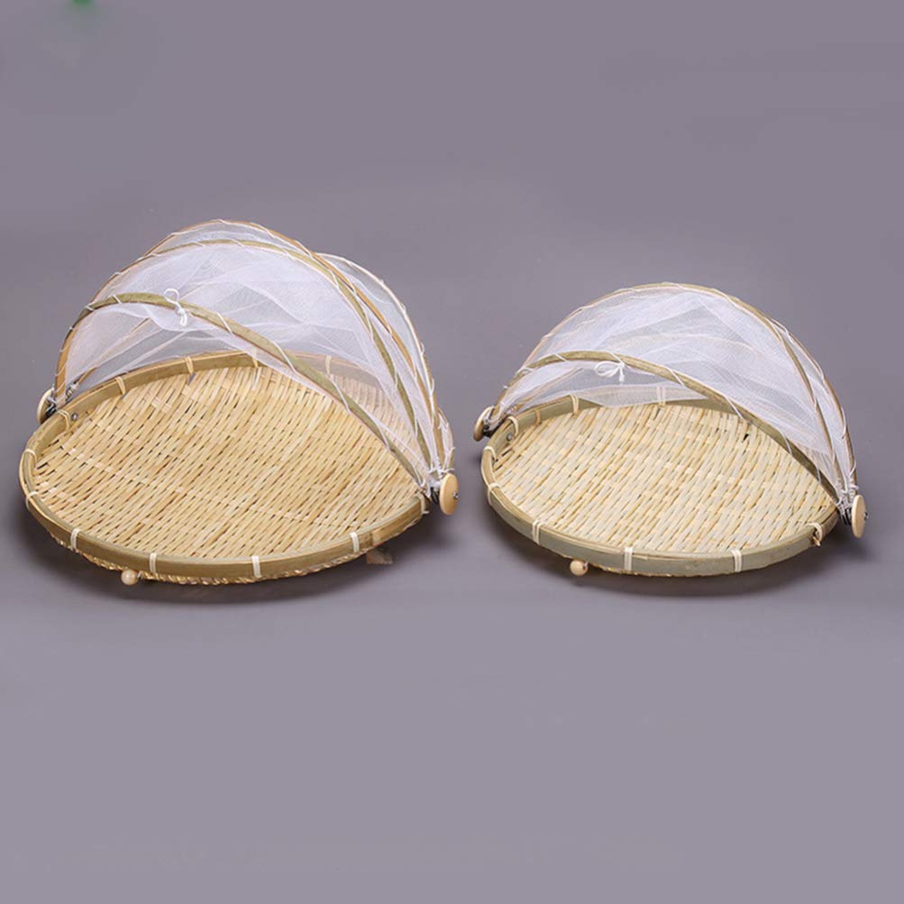1pc Hand Woven Bread Holder Handmade Bread Cover with Gauze Bambo Basket with Gauze Basket Dustproof Picnic Basket