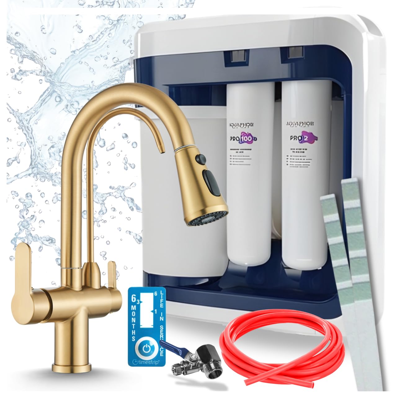 Ari Robinet de cuisine 3 voies extensible avec douchette Nordic en kit avec filtre à eau potable RO-202S Pro (or brossé)