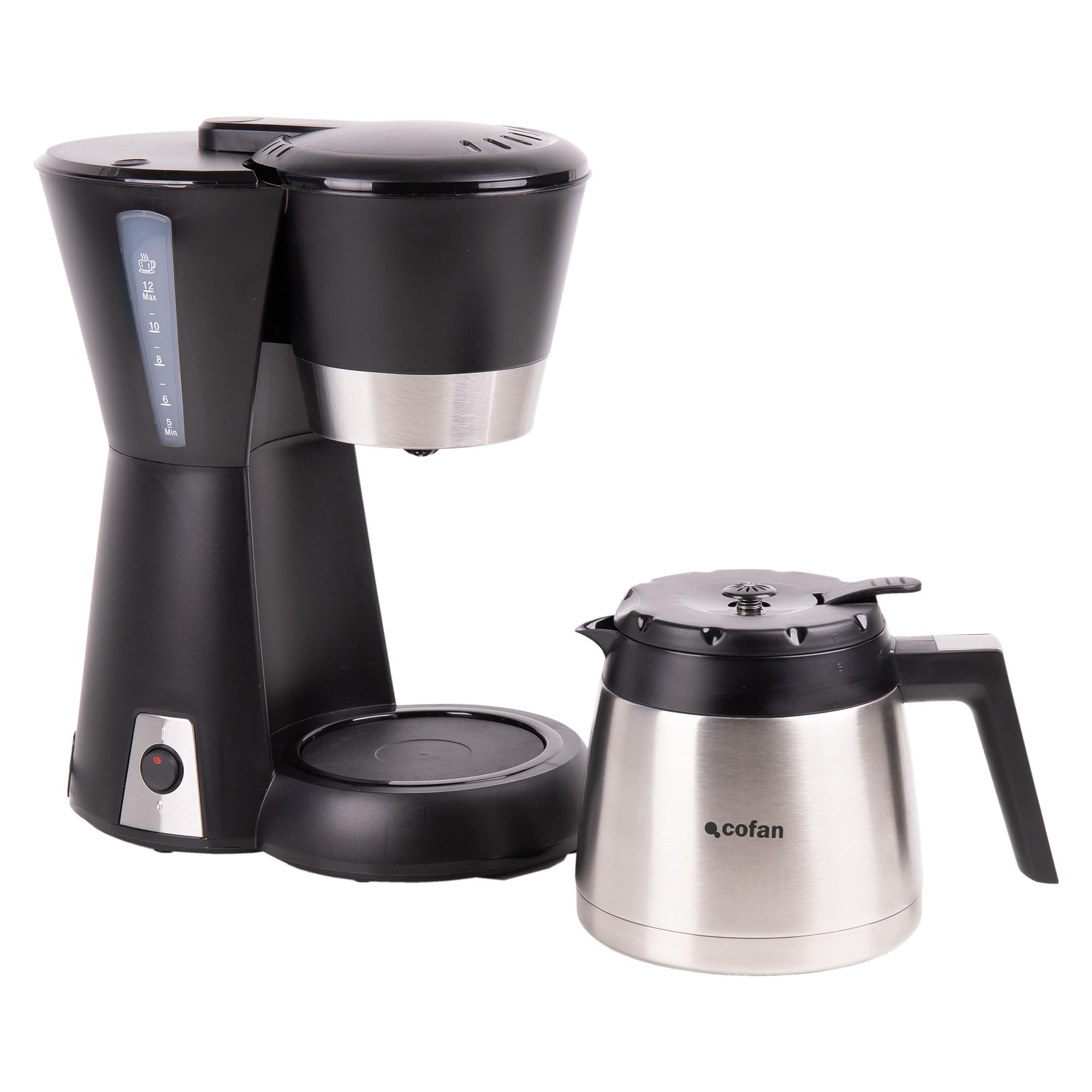 Cofan Cafetera de goteo 1,2L con jarra de acero inox., Capacidad 12 tazas, Potencia 800W, Apagado automático, Sistema antigoteo, Filtro permanente