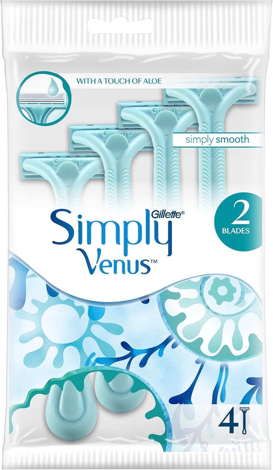 Gillette Simply Venus 2 Women's Disposable Razors | Pack of 4 | Twin Blade Shaver for a Close, Smooth & Comfortable Shave | Ergonomic Handle for Easy Control