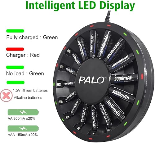 Miniatura 5 de Batería AA recargable con kit de cargador, paquete de 16 baterías de 1.2 V Ni-MH 3000 mAh con cargador inteligente LED de 16 bahías para batería