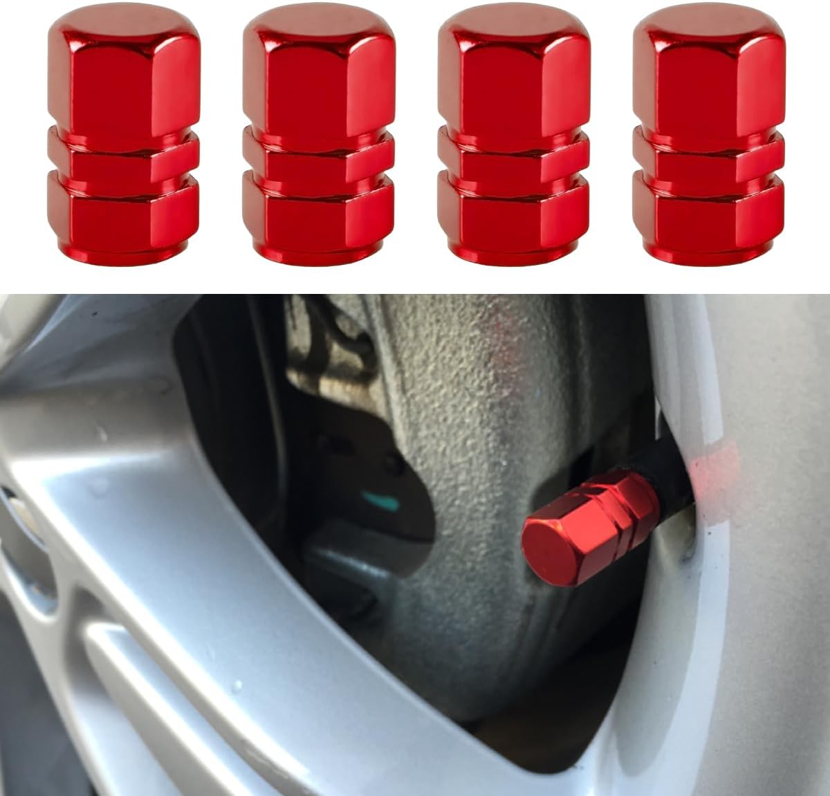 4PCS Car Tire Stem Valve Caps, Auto Hexagon Shape Dustproof Tire Cap Wheel Tire Valve Covers, Car Leak-Proof Air Protection Accessories for Cars, SUVs, Motorcycles, Bikes (Red)