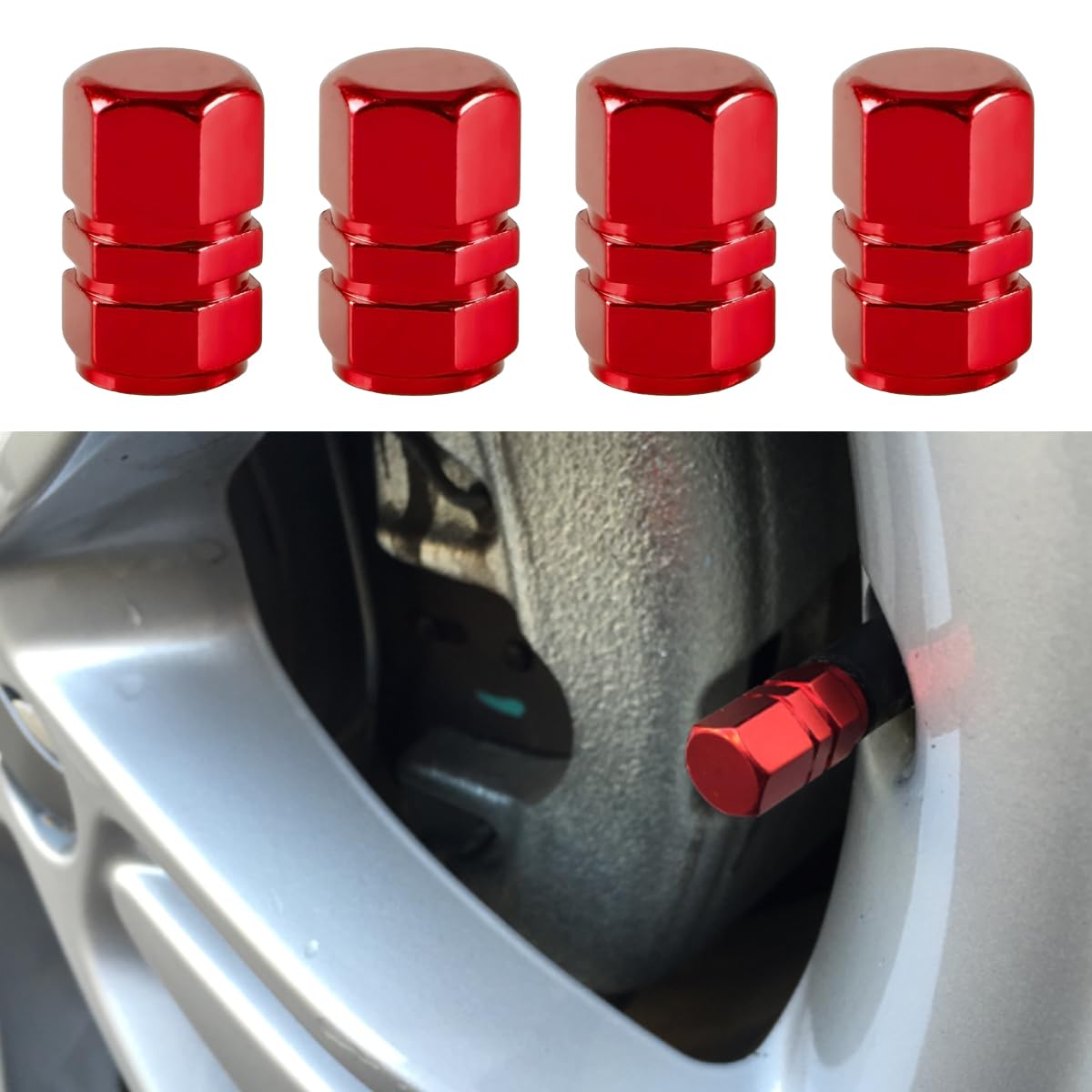 4PCS Car Tire Stem Valve Caps, Auto Hexagon Shape Dustproof Tire Cap Wheel Tire Valve Covers, Car Leak-Proof Air Protection Accessories for Cars, SUVs, Motorcycles, Bikes (Red)