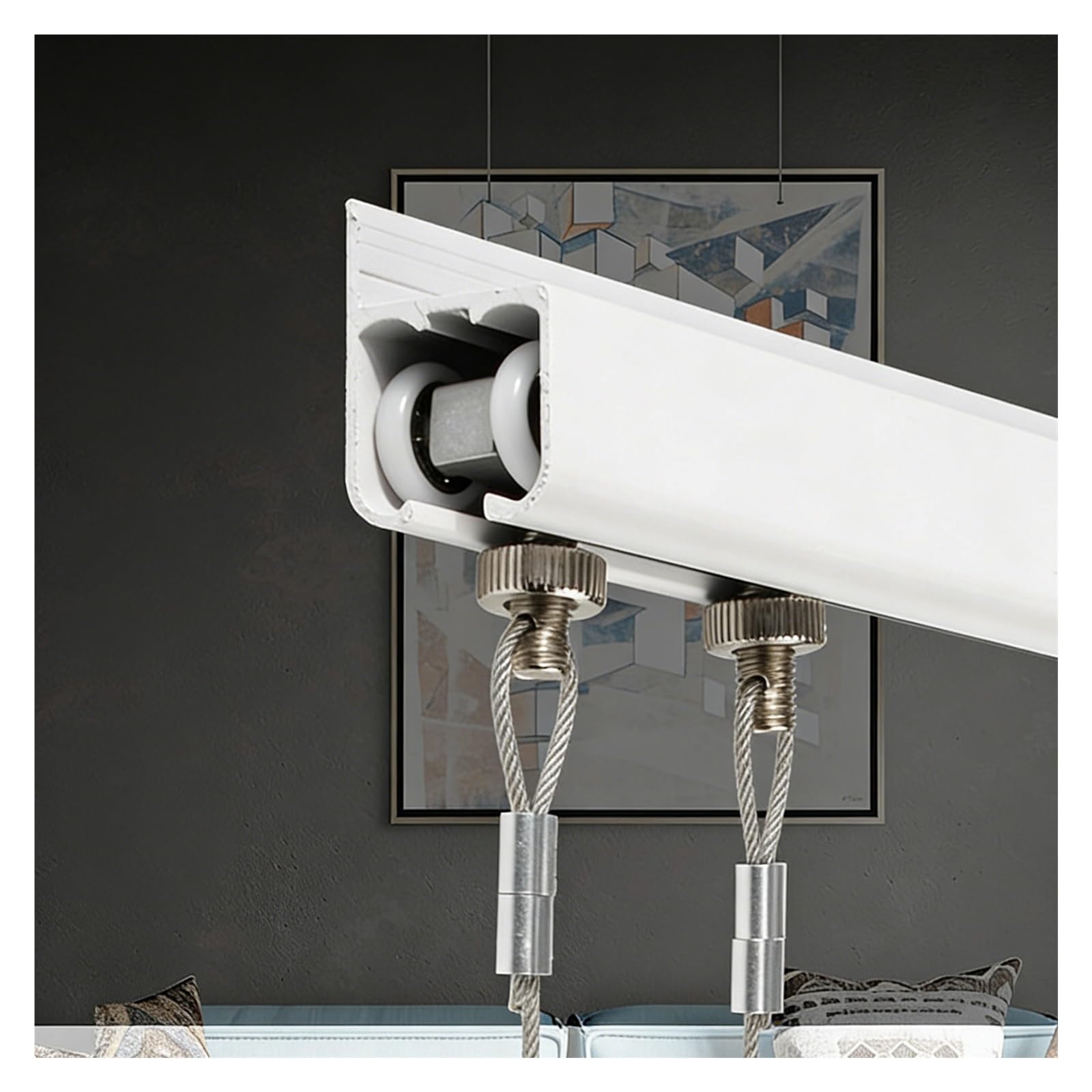 WDJBPSH Bilderaufhängungsschiene Bilderrahmen für Die Wand Hängeschiene, Galerieschiene mit Beweglichem Draht für Heim, Geschäft, Ausstellungshalle(0.5m/19.7″Cable,1.7m/66.9″ Track)