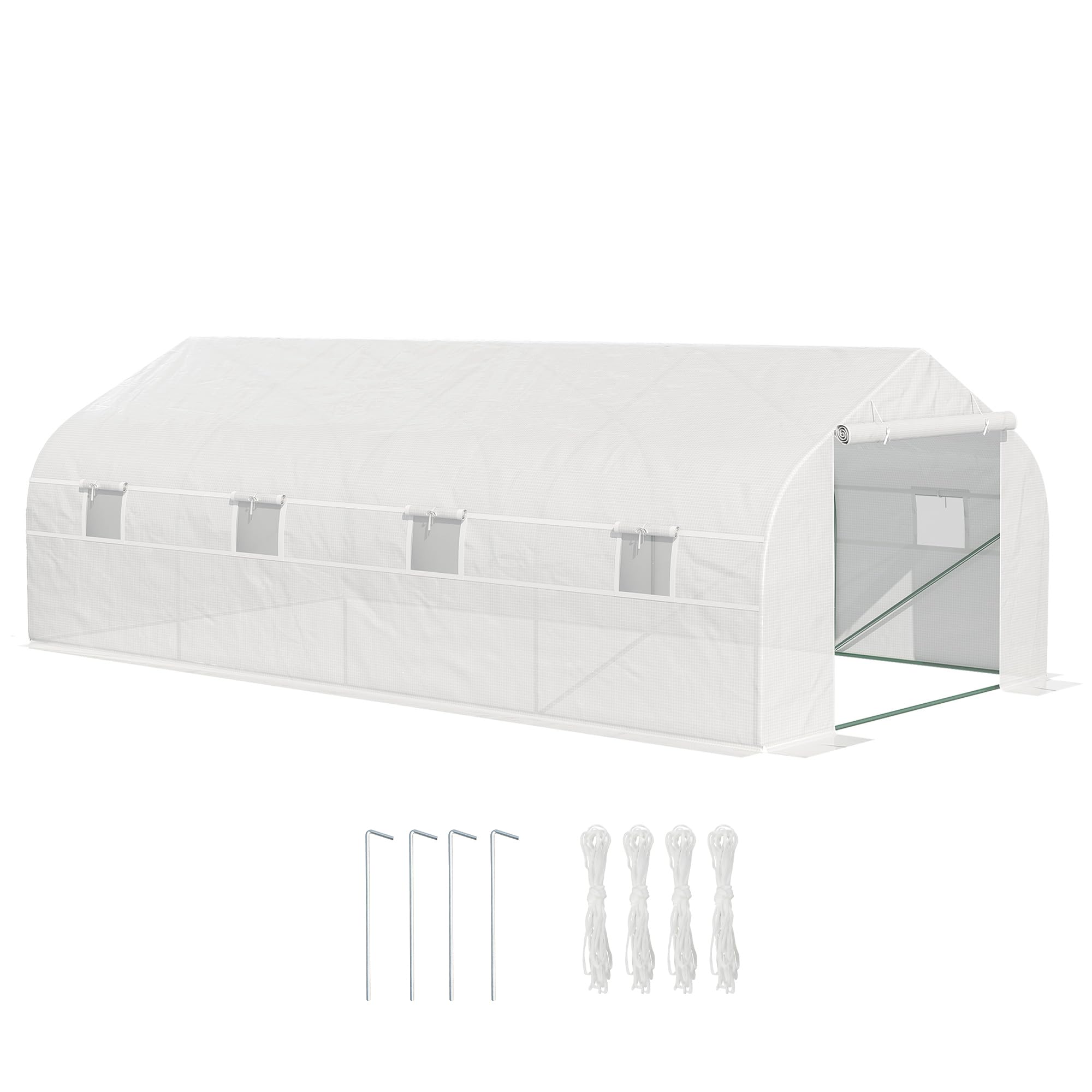 Outsunny Serra a Tunnel 6x3x2m con 8 Finestre e Porta Avvolgibile, Serra per Orto con 4 Picchetti e 4 Funi Incluse, in Acciaio e PP, Bianco