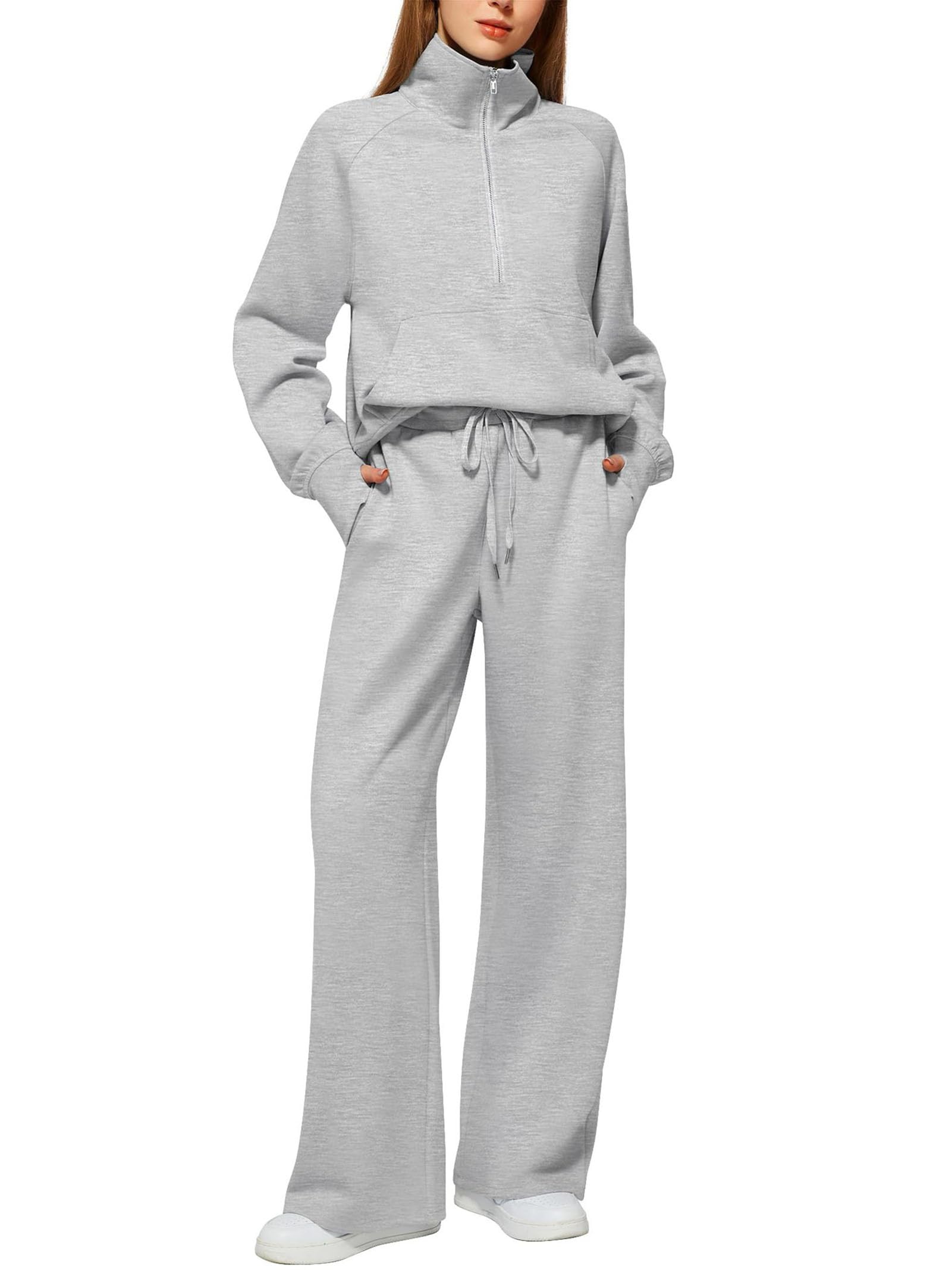 Set da 2 Pezzi da Donna Felpa con Mezza Zip e Pantaloni della Tuta a Gamba Larga Abito Casual Homewear Felpa Abbigliamento da Viaggio
